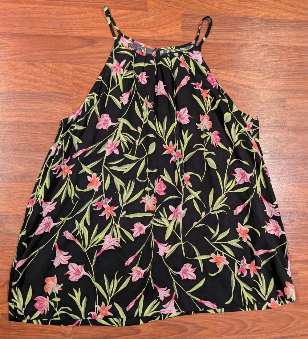 Gap Womens Small Floral Halter Dress Black Pink Rayon Sleeveless Summer Mini
